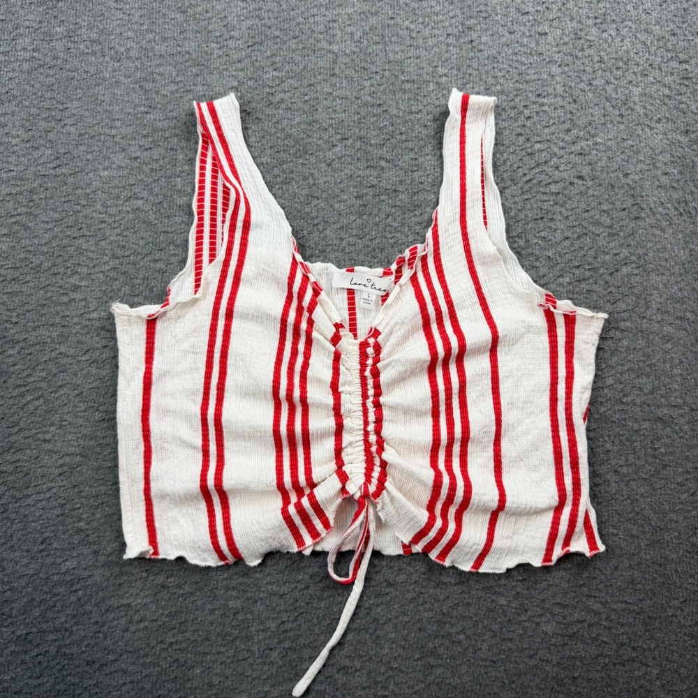 Love Tree Crop Top Women's Large White Red Striped Ruched Front Drawstring‎